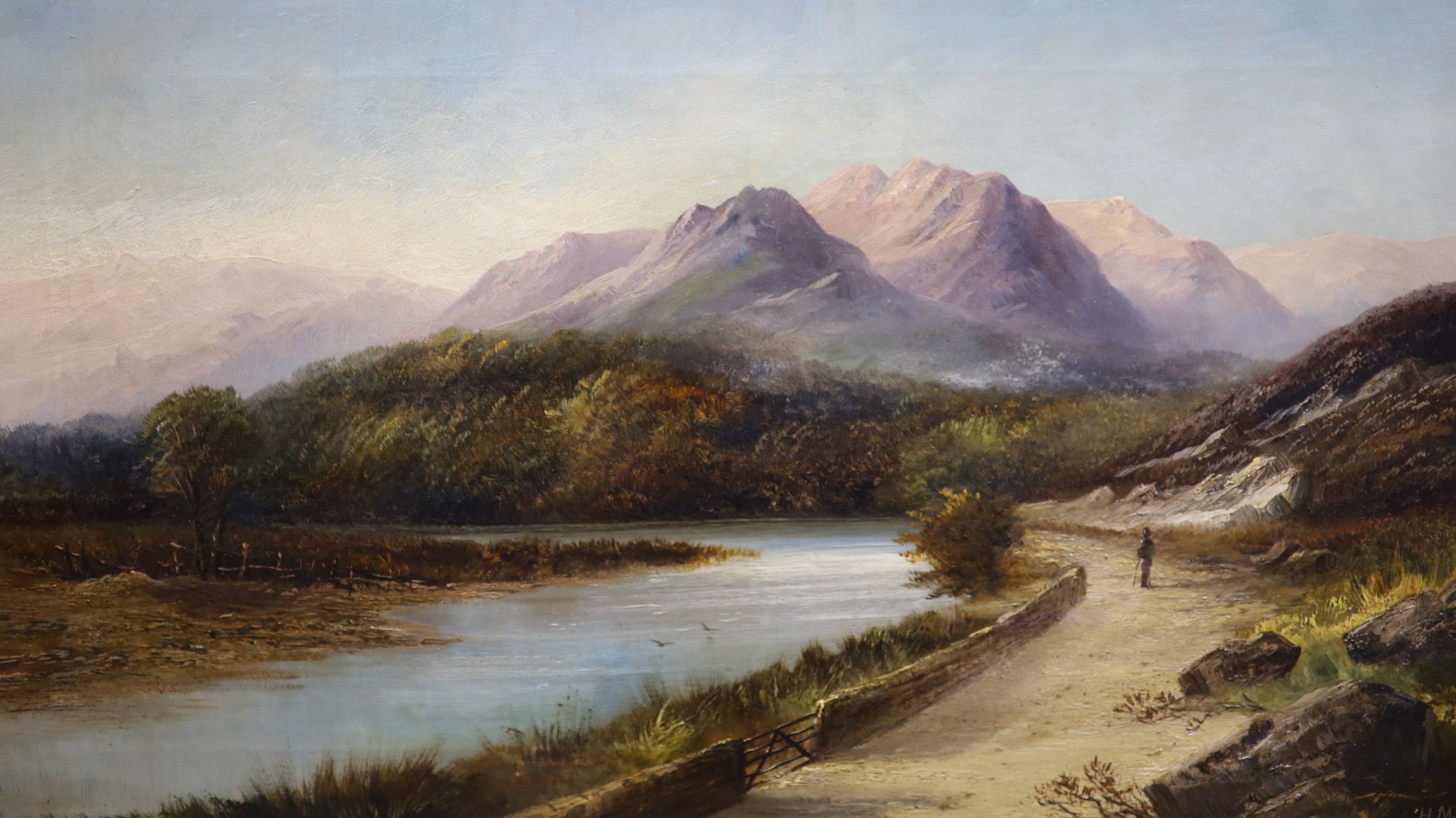 H. Masser (19th C.), oil on canvas, Mountain landscape with figure overlooking a river, signed, 37 x 65cm